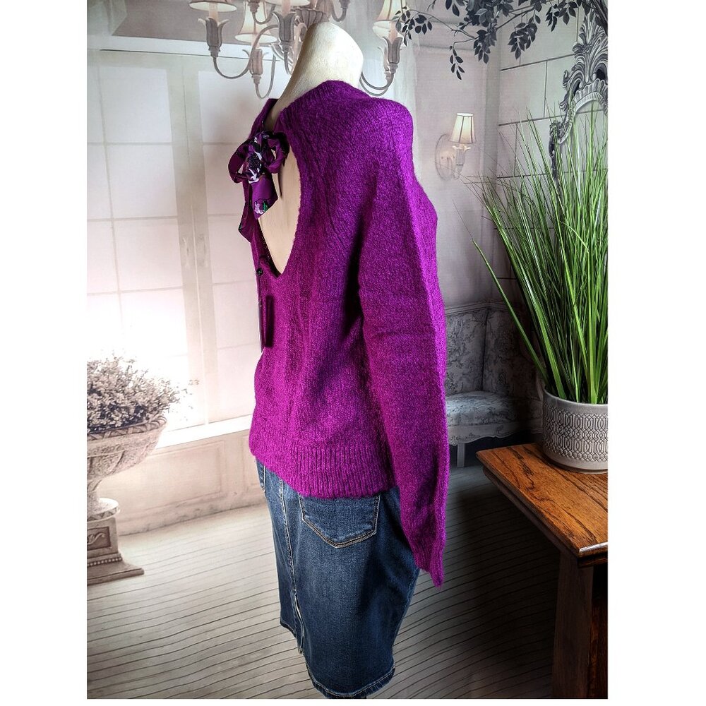 $395 NWT Tanya Taylor Woman's Carissa Open Back Mohair Knit Sweater Purple XS